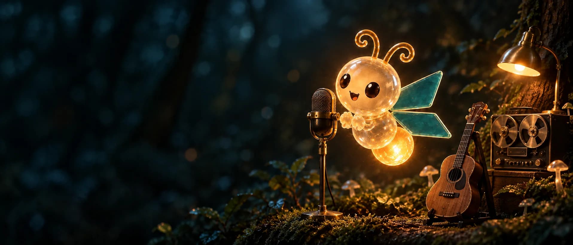 A glass firefly sings into a microphone in a miniature woodland recording studio