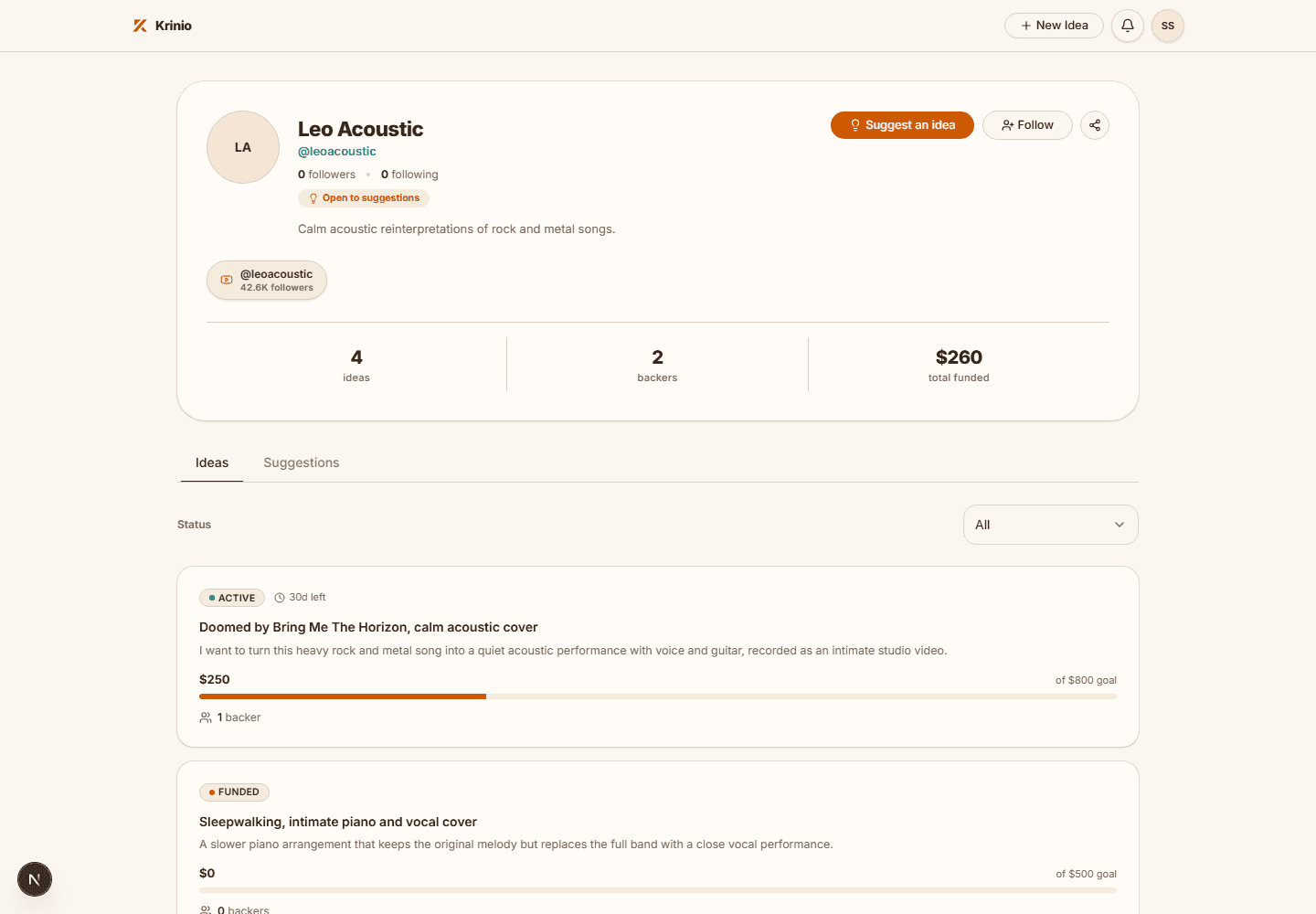 Krinio creator profile for Leo Acoustic with the Suggest an idea button