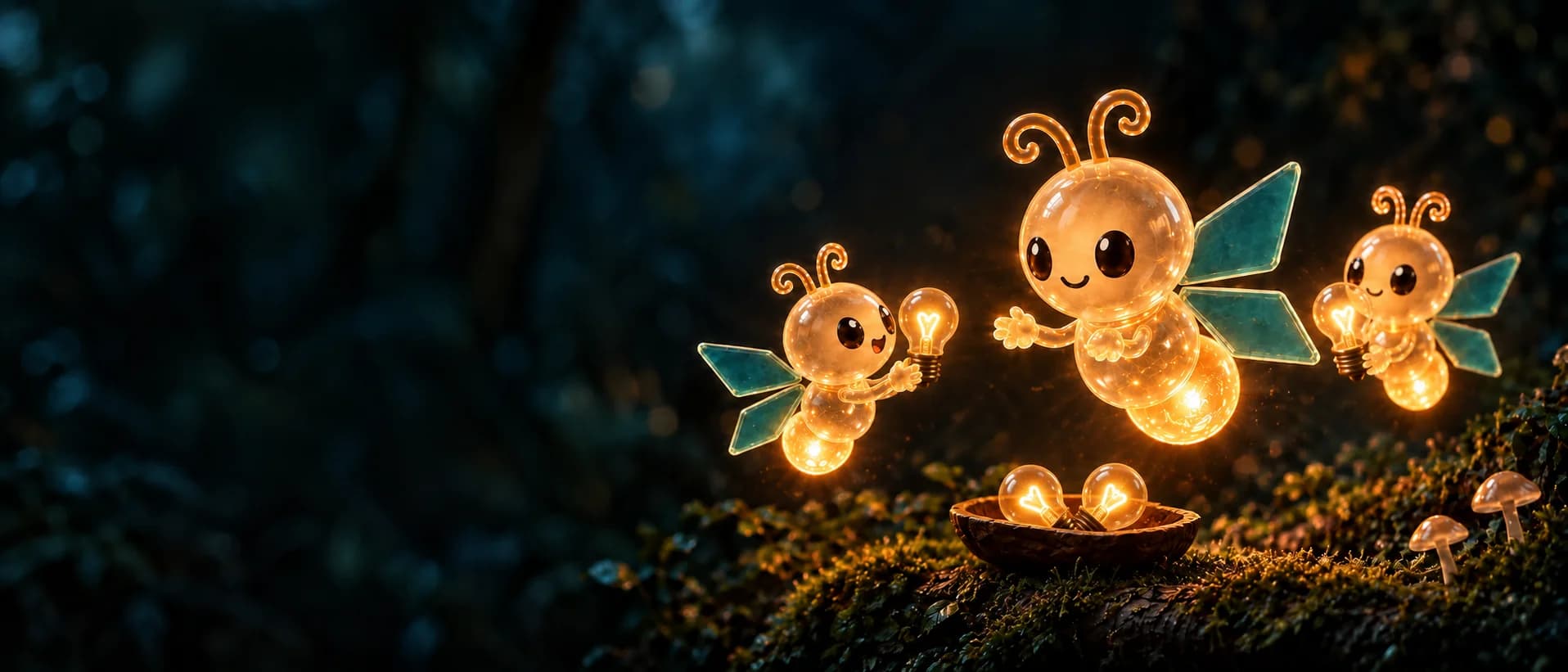 Glass fireflies share creative ideas with a creator in a woodland clearing