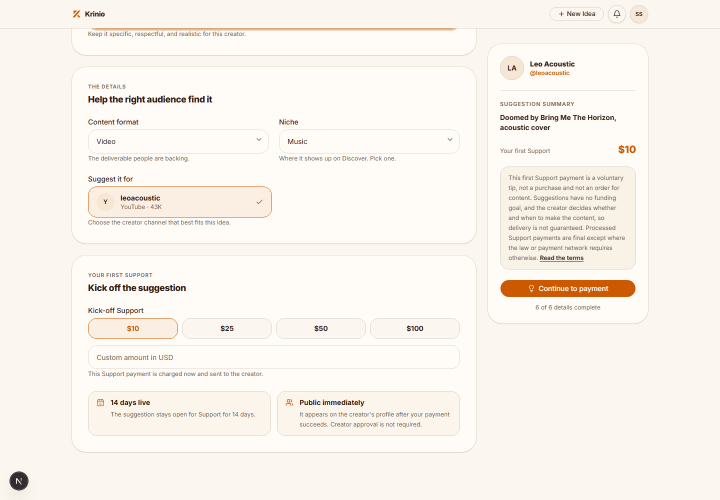 Krinio Fan Suggestion form showing the initial Support choices and payment action