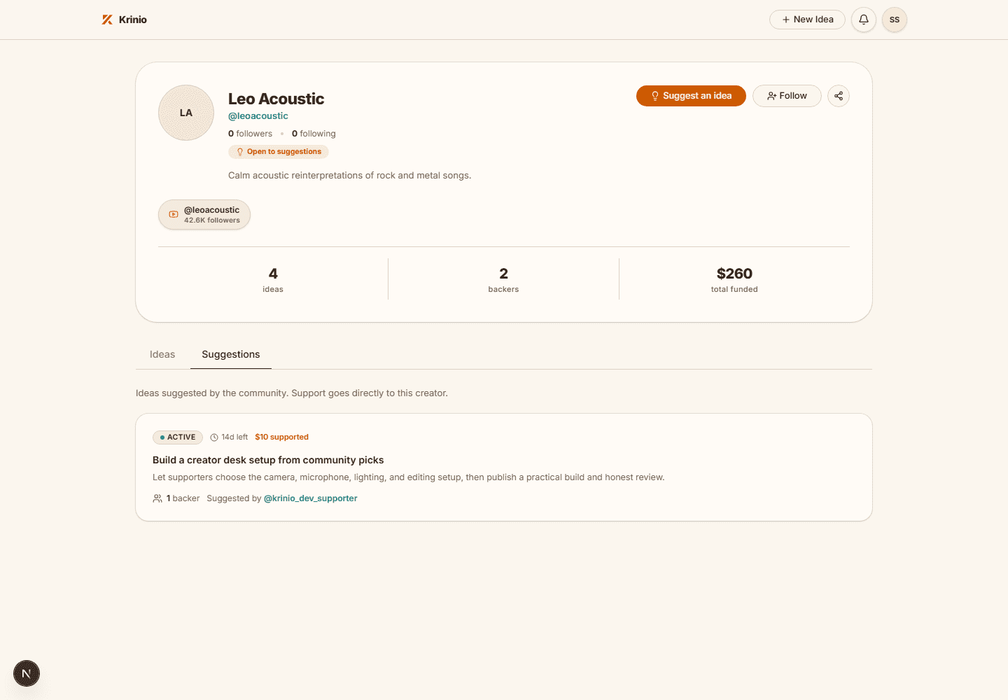Published Fan Suggestion in the Suggestions tab of a Krinio creator profile