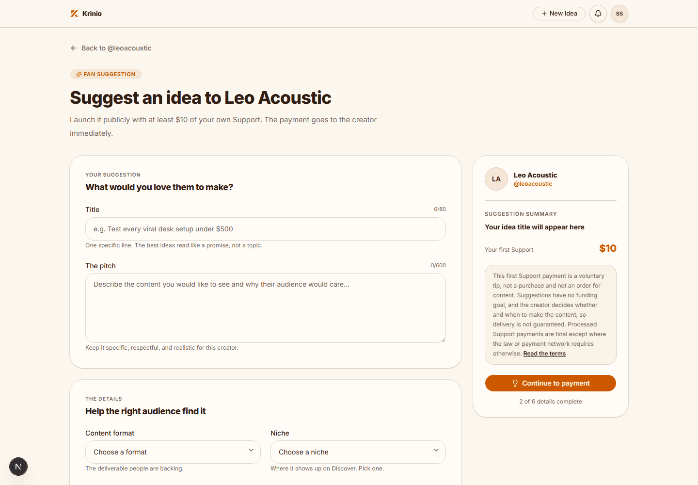 Krinio form for suggesting a content idea to a creator