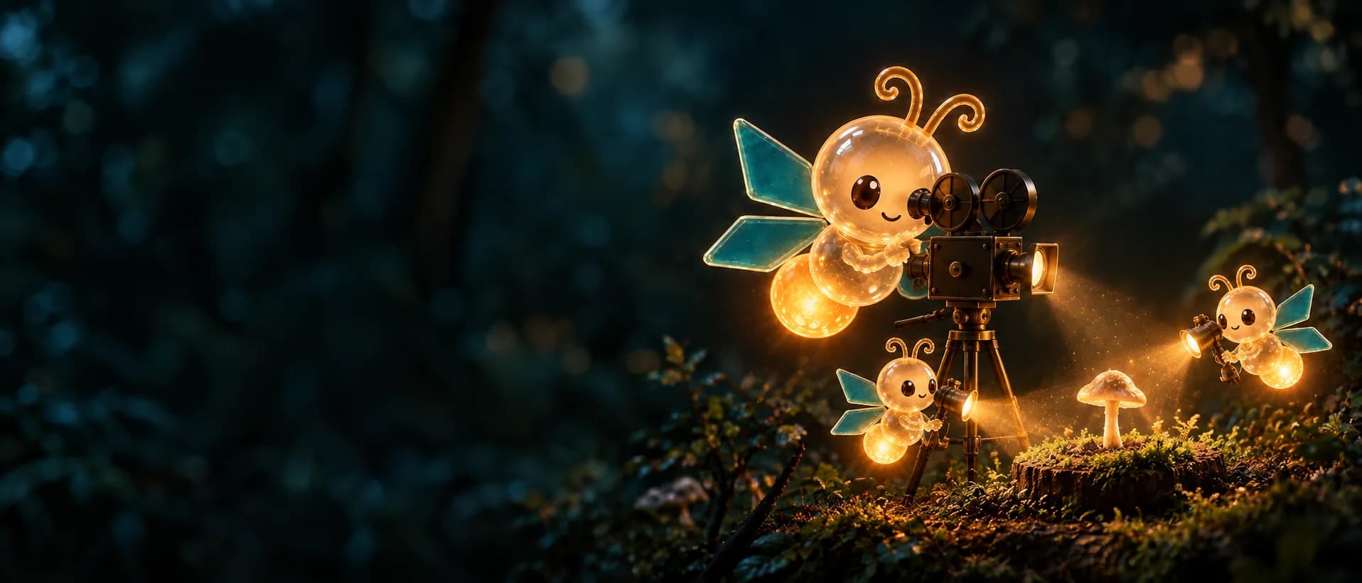 Glass fireflies collaborate on a miniature woodland video shoot