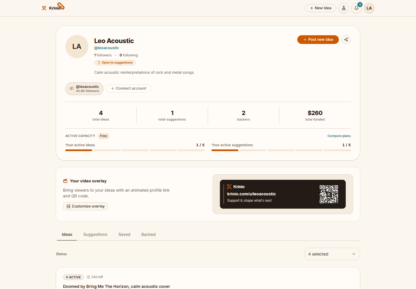 Krinio-Creator-Profil von Leo Acoustic mit hervorgehobenem Handle und Teilen-Button