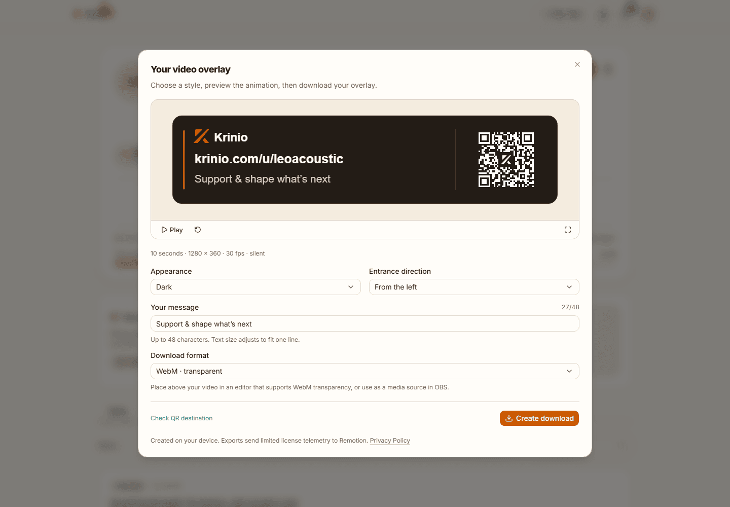 Krinio-Editor für das Video-Overlay mit Profil-QR-Code