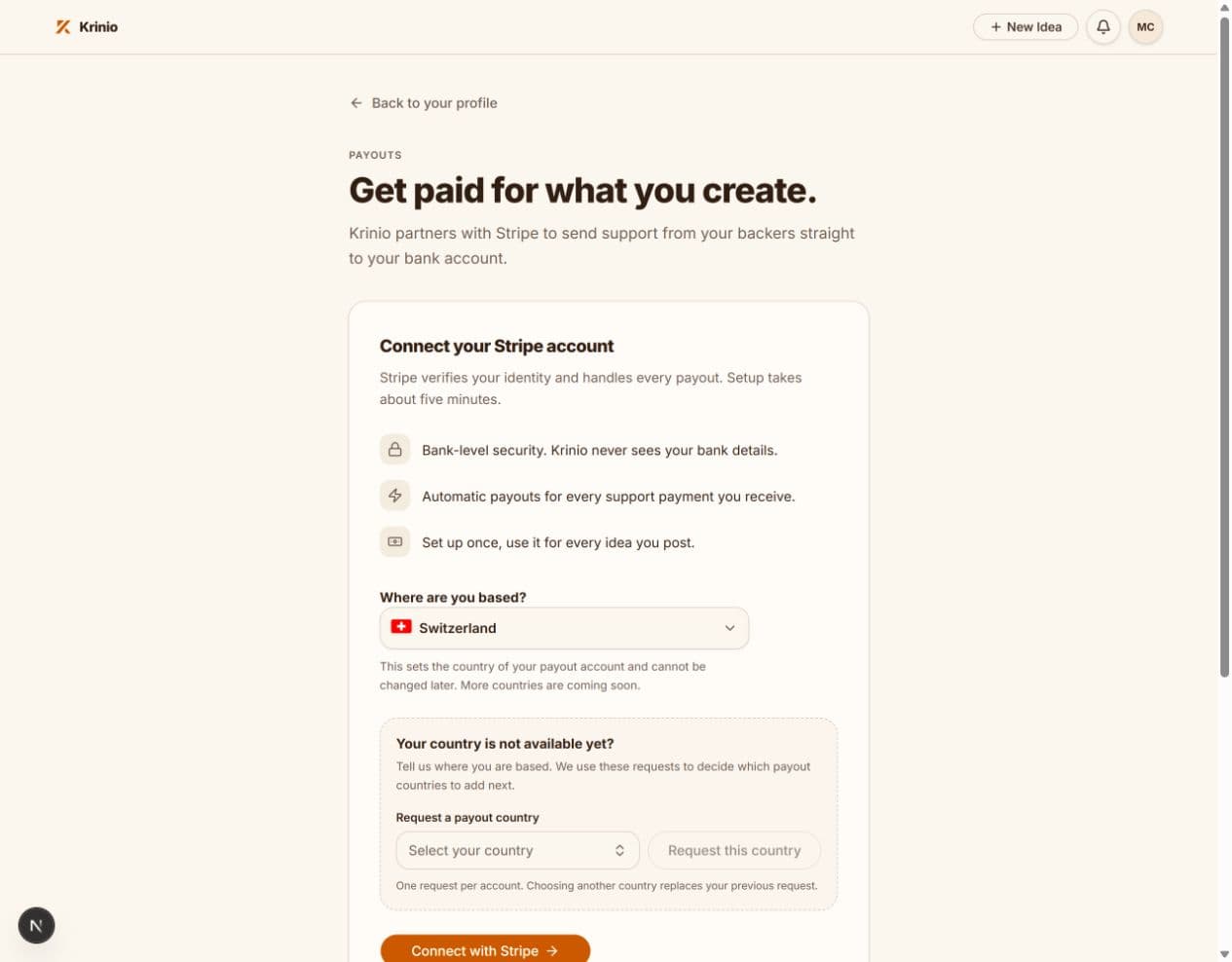 Krinio Payouts page with Switzerland selected in the payout-country dropdown and the Connect with Stripe button