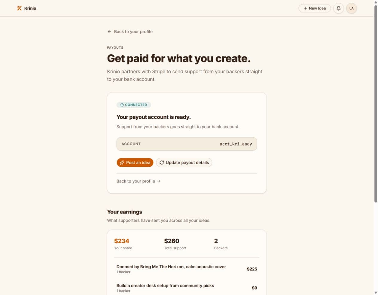 Krinio Payouts page showing a connected and ready Stripe payout account