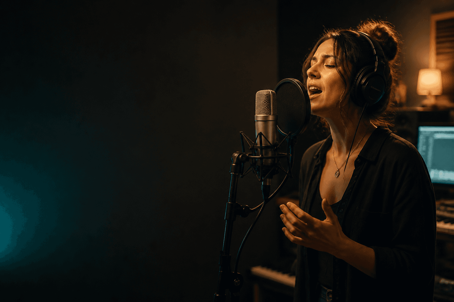 Independent cover singer recording a polished vocal performance